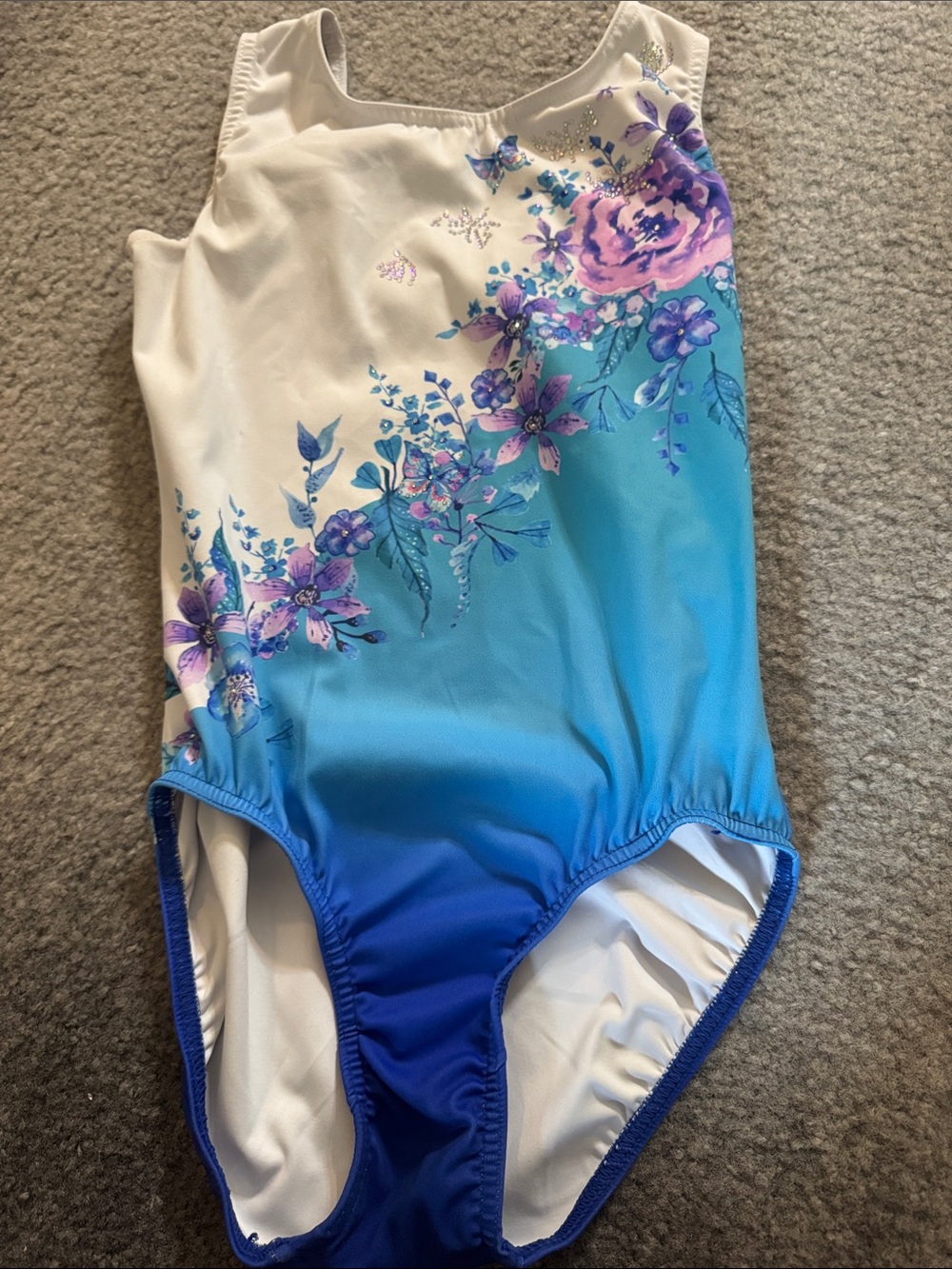 Floral and butterfly blue and purple  gymnastics leotard size AM